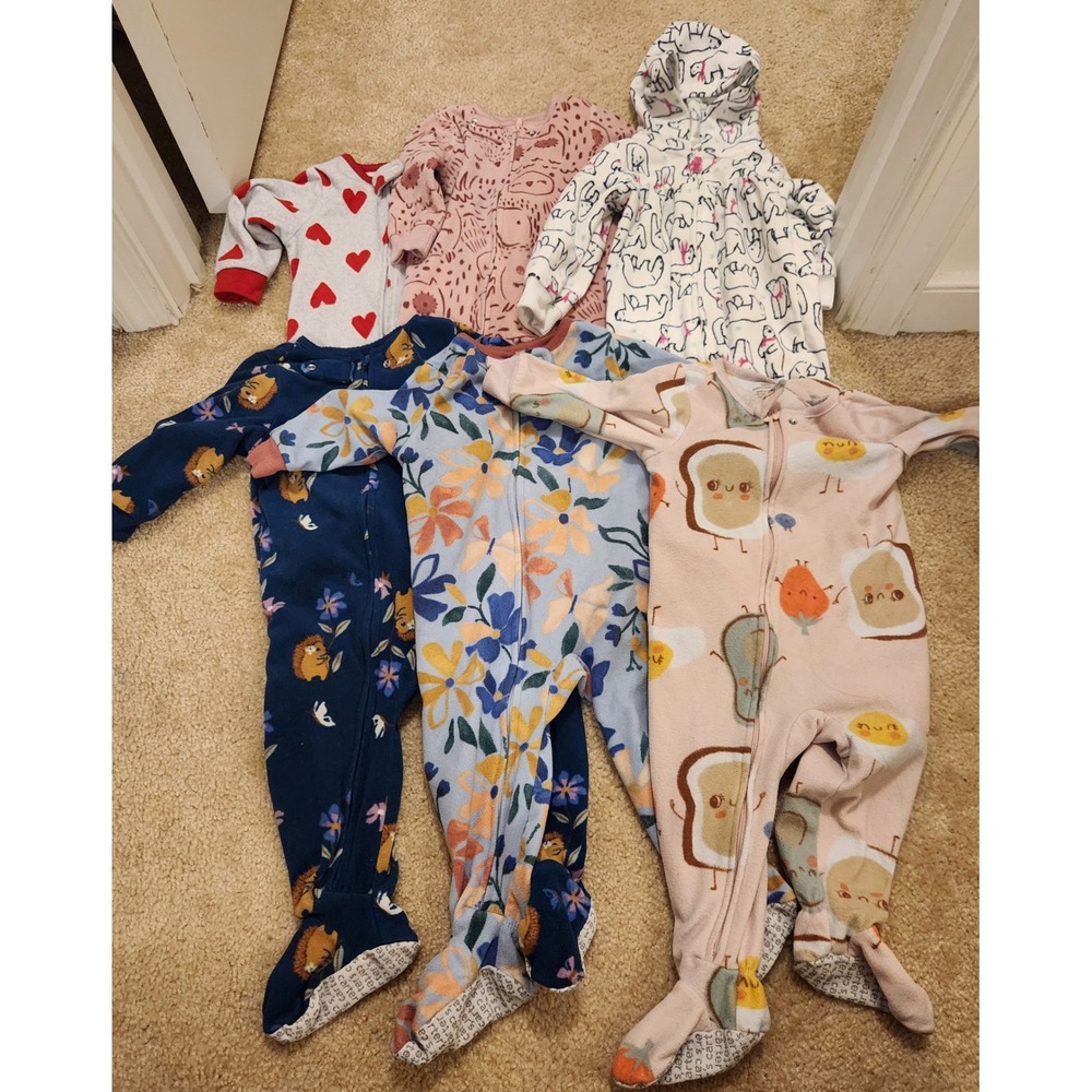 Carters Baby 12M Footed Pajamas Lot 6 Fleece Cotton Sleepers Floral Heart Animal